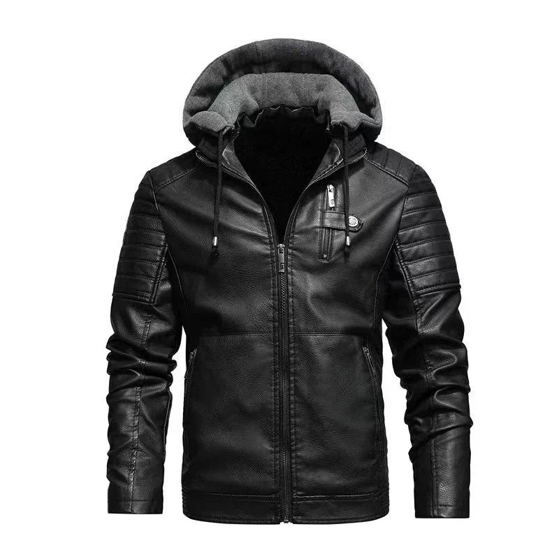 M&T Wear - Faux Leather Jacket Men Fashion Men's Hooded Jackets Autumn Winter Military Style Outwear Zipper Pockets Coat Detachable Hat - M&T Wear