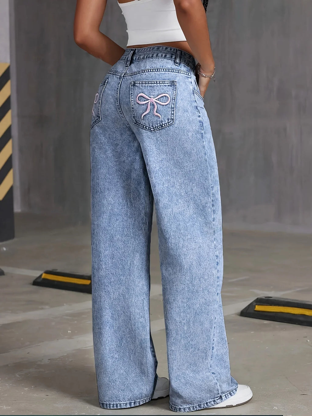 Bow-Embroidered Wide-Leg Denim Trousers