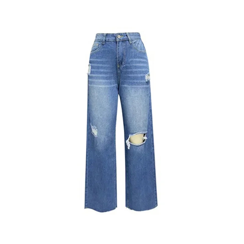 Knee-Distressed High-Waist Straight Jeans