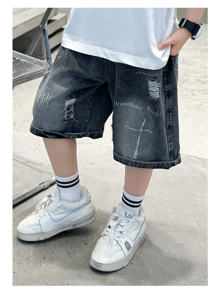 M&T Wear - Boys’ Black Ripped Loose Fit Denim Shorts