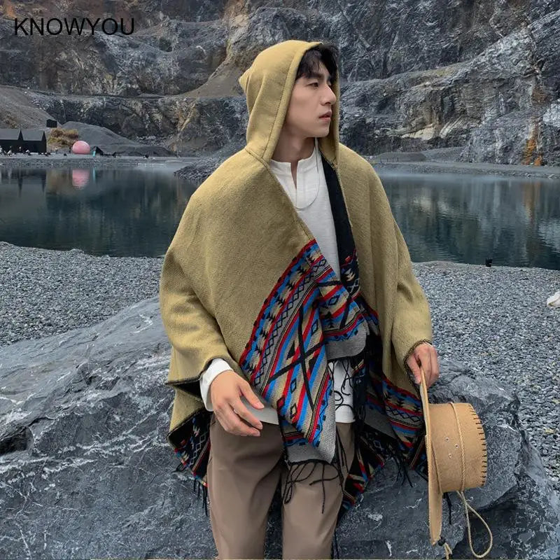 M&T Wear - Winter New Bohemian Shawl Men Ponchos Cashmere Blend Cape Coat Fringe Poncho Vintage Tassel Scarf Hooded Wraps Outwear - M&T Wear