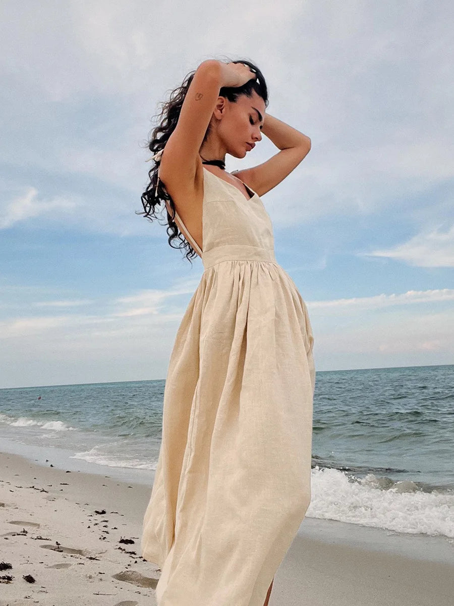 Elegant Backless A-Line Linen-Look Dress