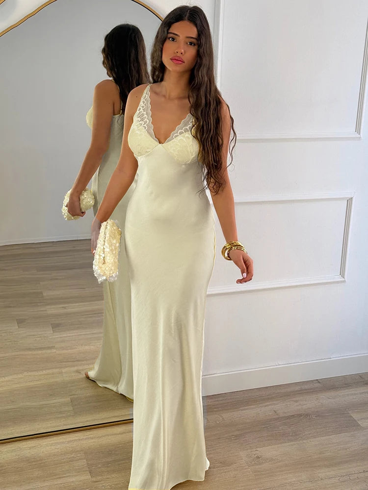 Blifanbo Lace Patchwork Satin Maxi – Backless Bodycon Party Dress
