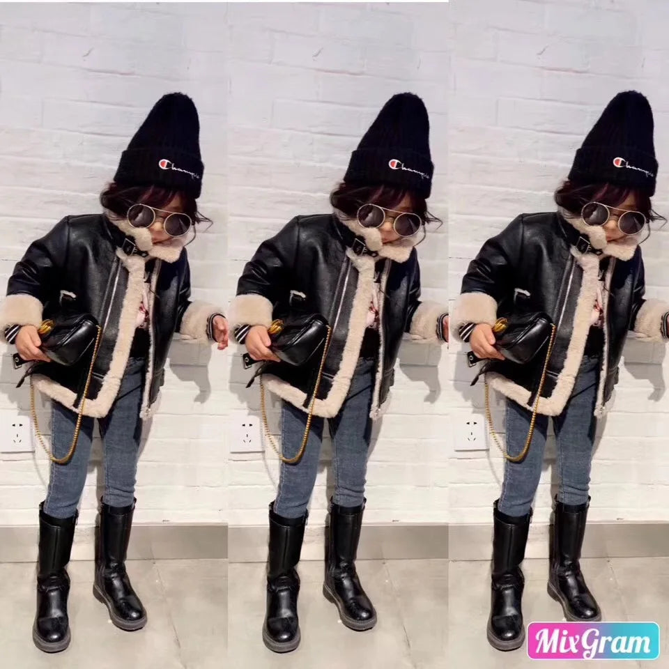 M&T Wear - Girls Jacket Leather Motorcycle Kids Coats Fleece Children Jacket Winter Autumn - M&T Wear