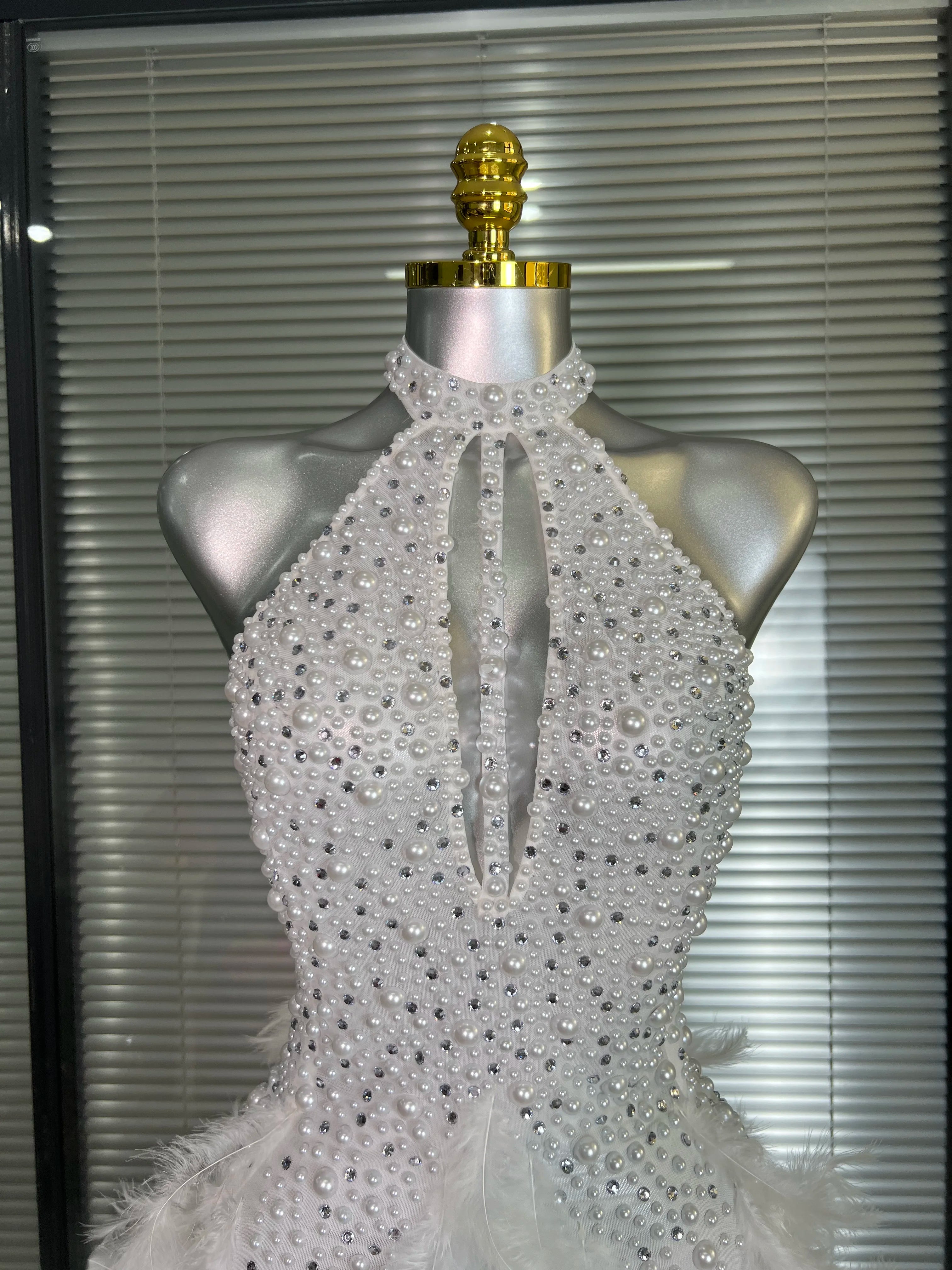 M&T Wear - Women Sexy White Backless Mesh Crystal Diamonds Feathers Performance Costume Stage Dancer Mini Stretchy Night Club Party Dress - M&T Wear