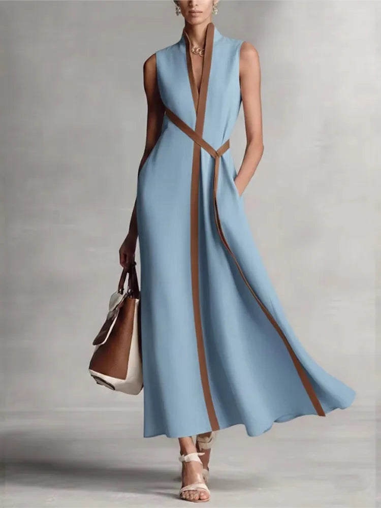 Contrast Color Sleeveless Elegant Slim-Fit Long Dress