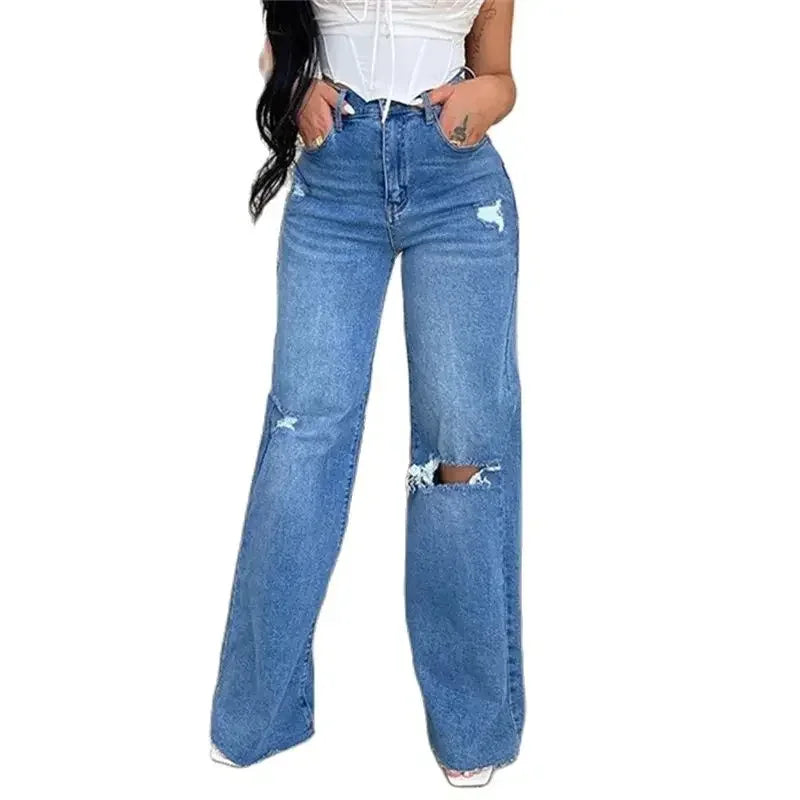 Knee-Distressed High-Waist Straight Jeans