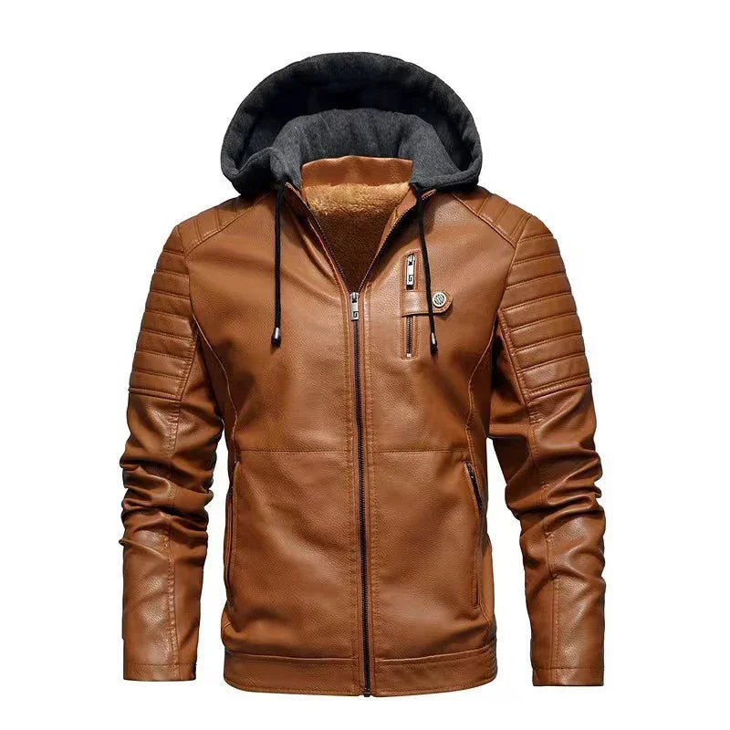 M&T Wear - Faux Leather Jacket Men Fashion Men's Hooded Jackets Autumn Winter Military Style Outwear Zipper Pockets Coat Detachable Hat - M&T Wear