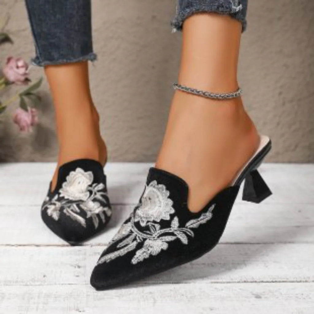 M&T Wear - Elegant Embroidered Square Toe High Heel Slides