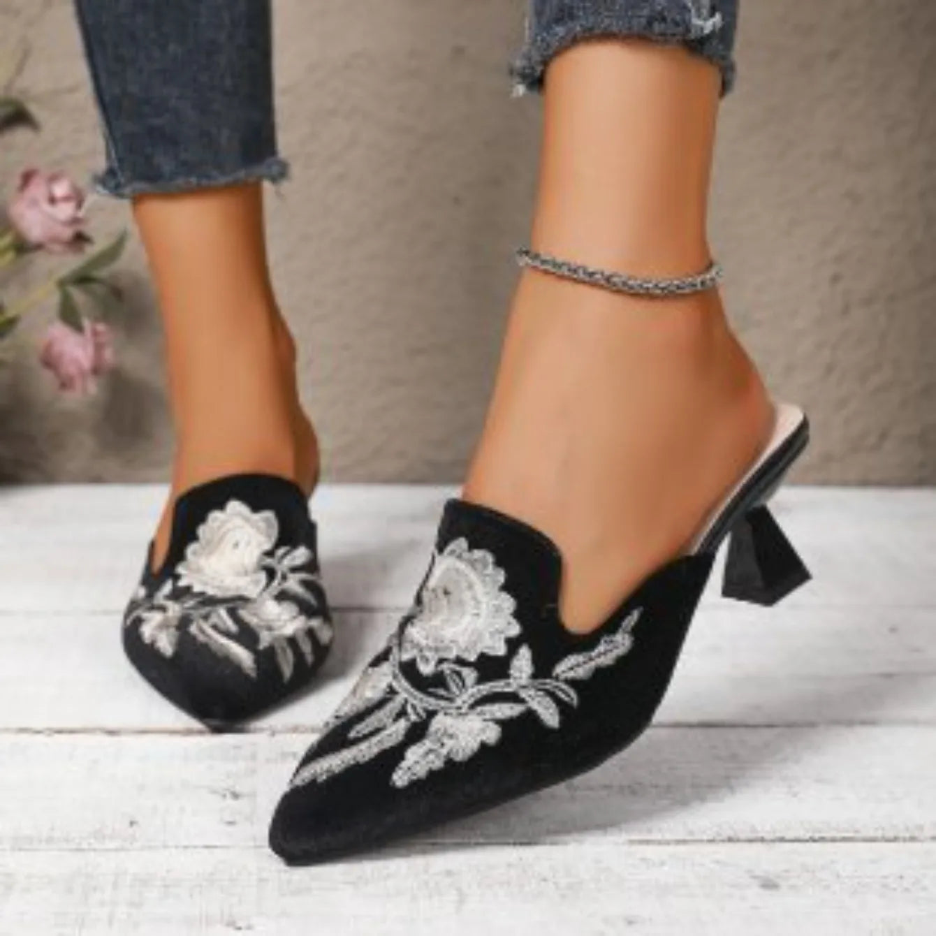 M&T Wear - Elegant Embroidered Square Toe High Heel Slides