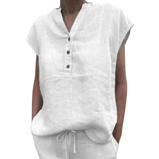 M&T Wear - Women's Cotton Linen V-Neck Summer Blouse
