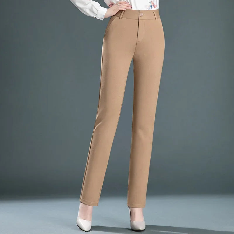High-Waist Stretch Straight-Leg Casual Trousers