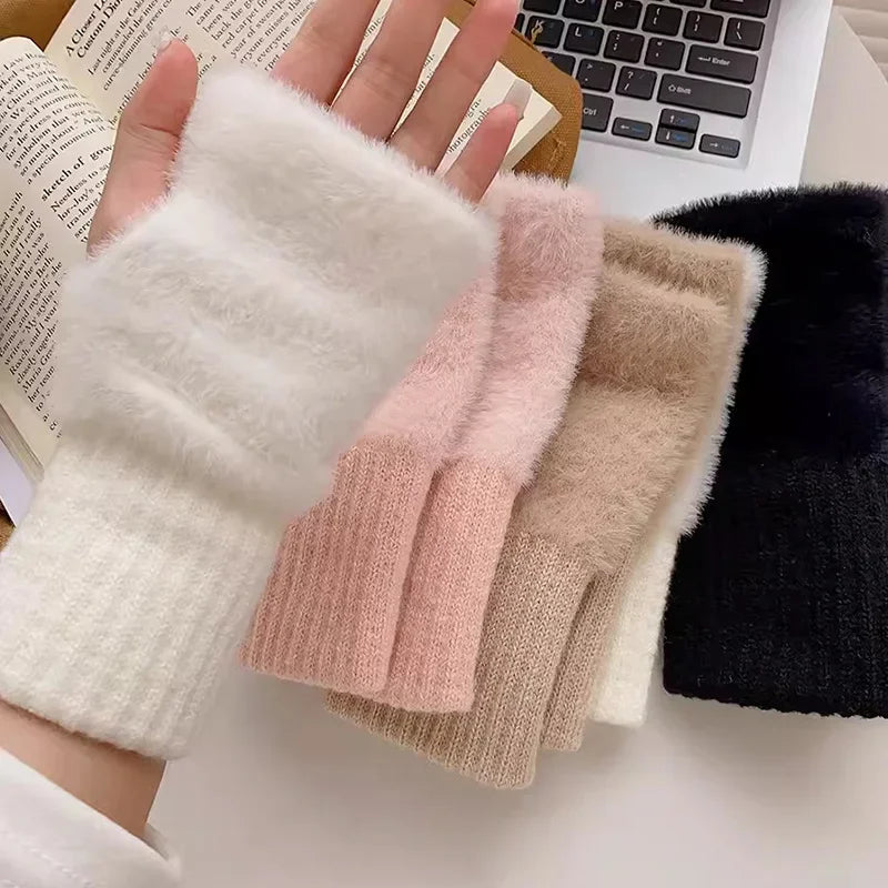 M&T Wear - Soft Winter Half Finger Gloves Women Warm Luxury Solid White Plush Knitted Fingerless Gloves Wrist Mittens Writting - M&T Wear