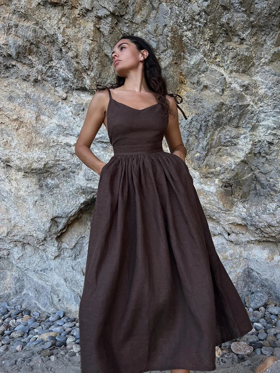 Elegant Backless A-Line Linen-Look Dress