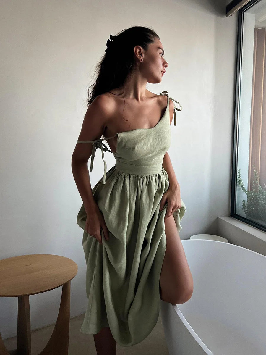 Elegant Backless A-Line Linen-Look Dress