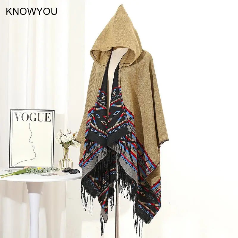 M&T Wear - Winter New Bohemian Shawl Men Ponchos Cashmere Blend Cape Coat Fringe Poncho Vintage Tassel Scarf Hooded Wraps Outwear - M&T Wear