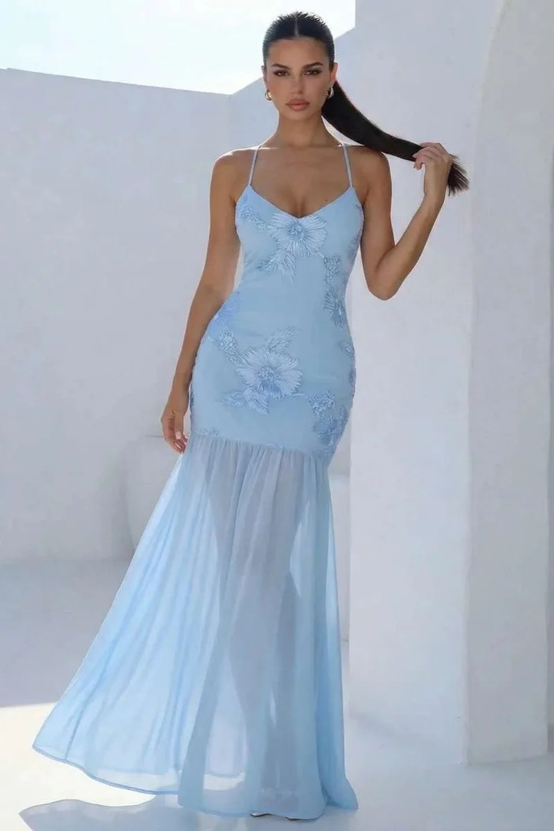Sky Blue Floral Embroidered Evening Gown