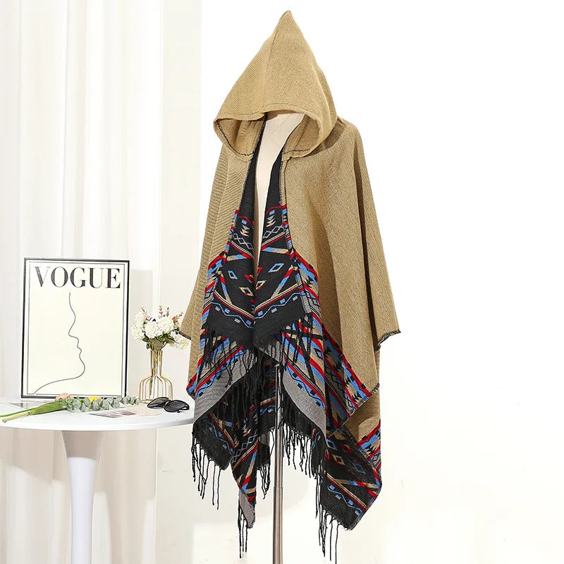 M&T Wear - Winter New Bohemian Shawl Men Ponchos Cashmere Blend Cape Coat Fringe Poncho Vintage Tassel Scarf Hooded Wraps Outwear - M&T Wear