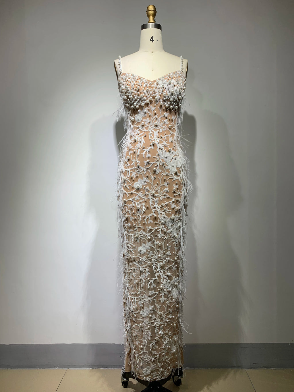 M&T Wear - Top Quality Handmake Luxury Women Sleeveless Sexy Feathers Pearl Beading Bodycon Long Dress Fashion Celebrate Red Carpet Dress - M&T Wear