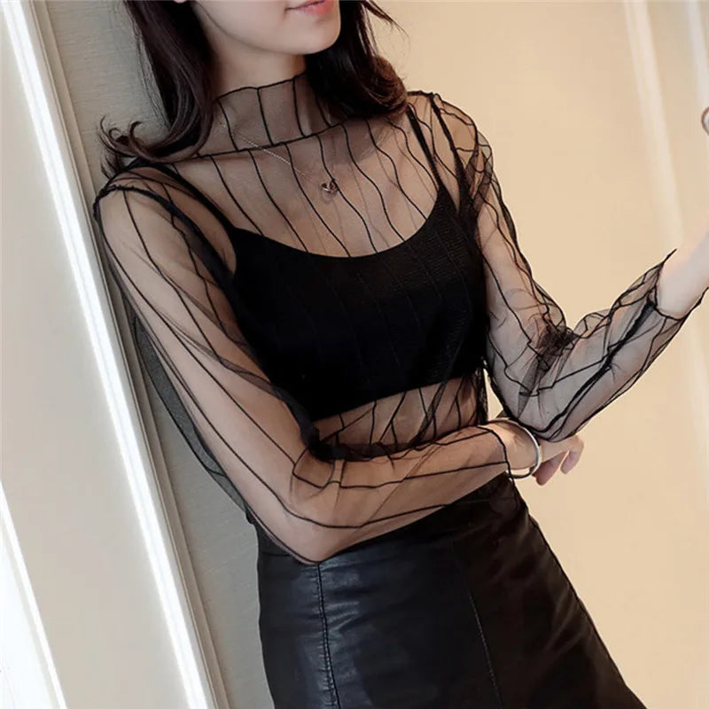 Transparent Mesh Star Embroidery Top