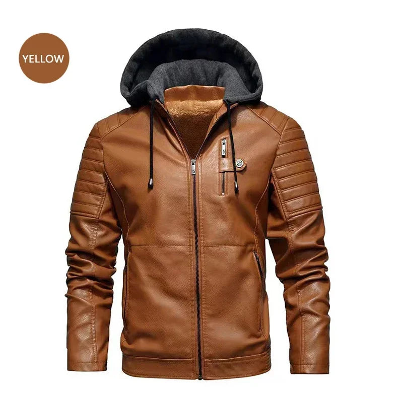 M&T Wear - Faux Leather Jacket Men Fashion Men's Hooded Jackets Autumn Winter Military Style Outwear Zipper Pockets Coat Detachable Hat - M&T Wear