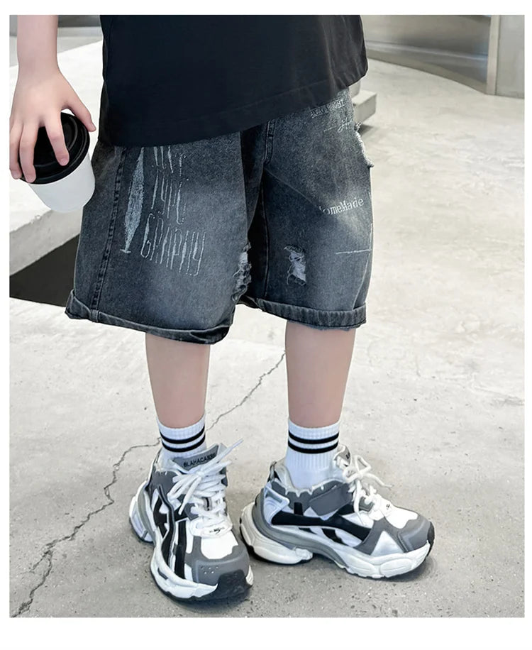 M&T Wear - Boys’ Black Ripped Loose Fit Denim Shorts
