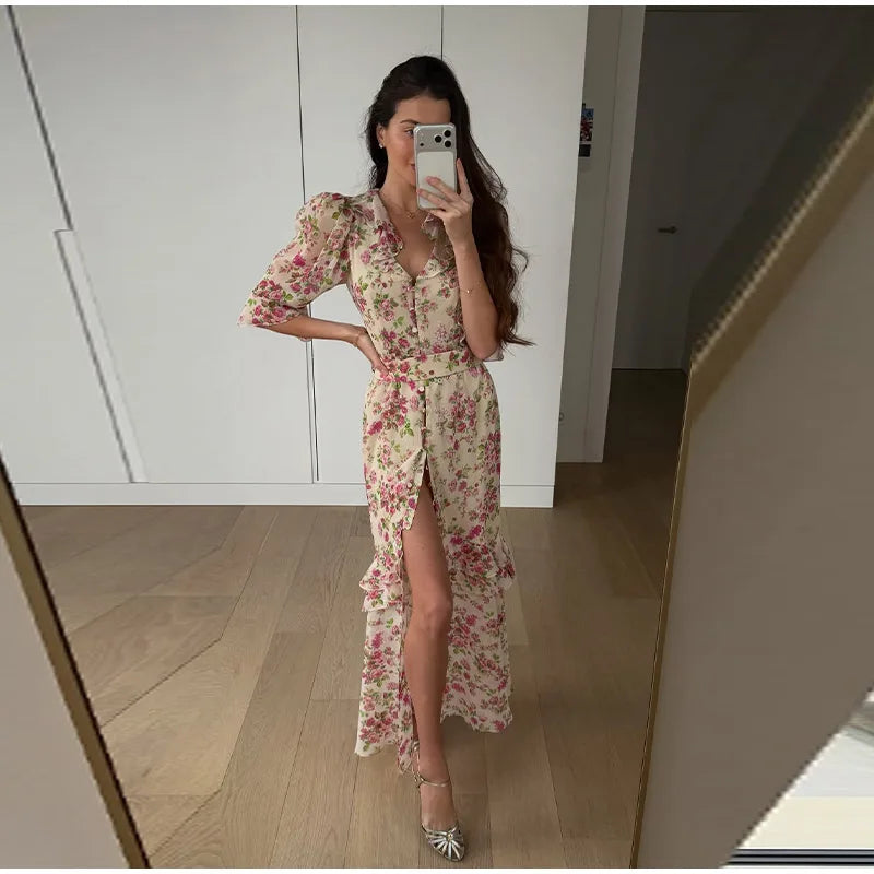Vintage Polka Dot Puff-Sleeve Maxi Dress
