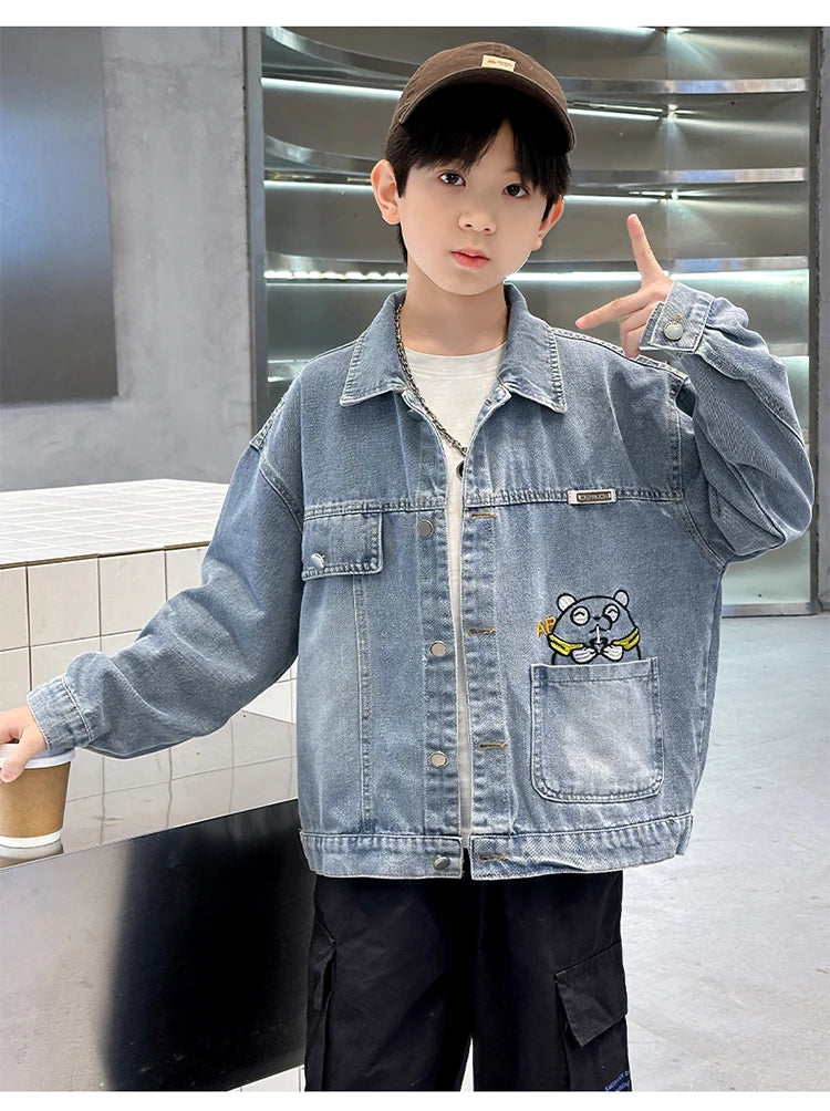M&T Wear - Kids Denim Jacket Boys Jeans Coat Clothing Fashion Baby Boy Denim Jacket With Cartoon Embroidery Child Casual Streetwear Outfit - M&T Wear