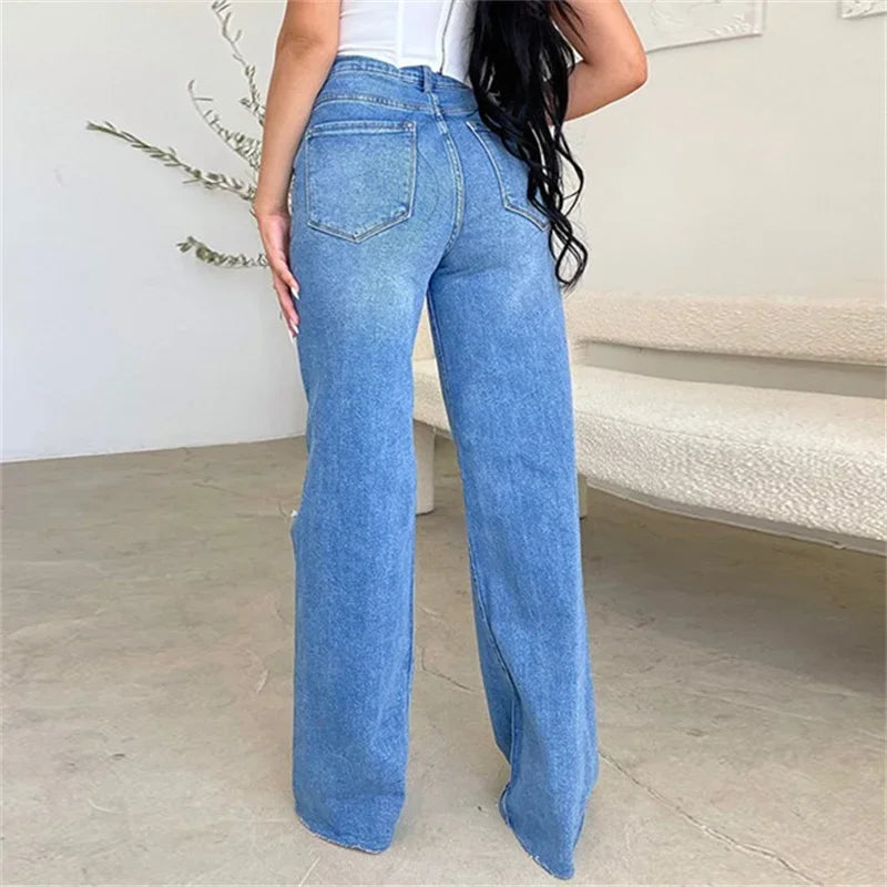 Knee-Distressed High-Waist Straight Jeans