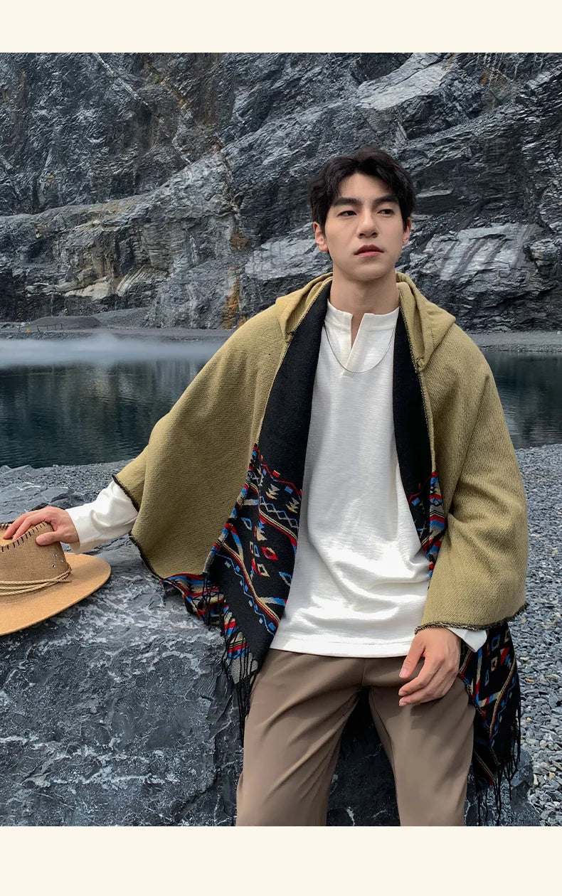 M&T Wear - Winter New Bohemian Shawl Men Ponchos Cashmere Blend Cape Coat Fringe Poncho Vintage Tassel Scarf Hooded Wraps Outwear - M&T Wear