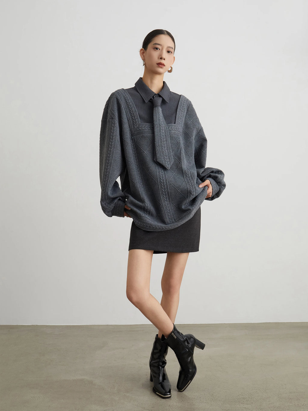 Gray Fake Two-Piece Polo Sweater