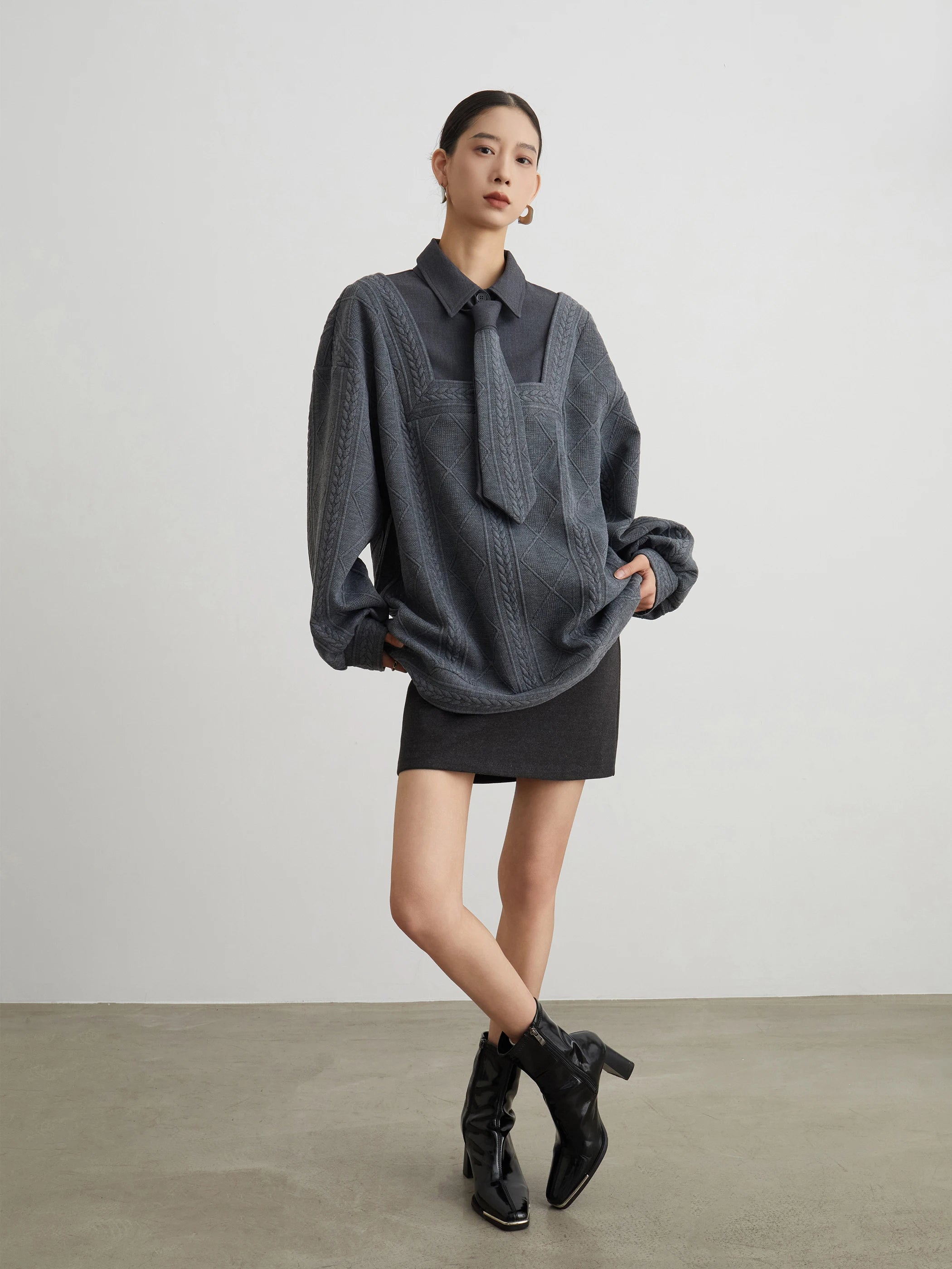 Gray Fake Two-Piece Polo Sweater