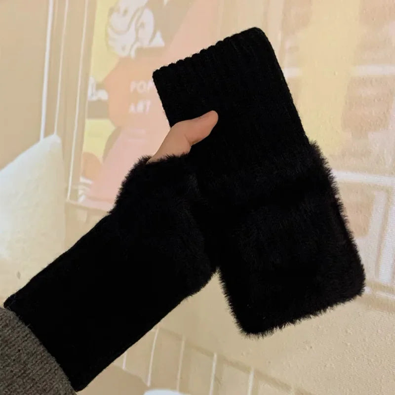 M&T Wear - Soft Winter Half Finger Gloves Women Warm Luxury Solid White Plush Knitted Fingerless Gloves Wrist Mittens Writting - M&T Wear