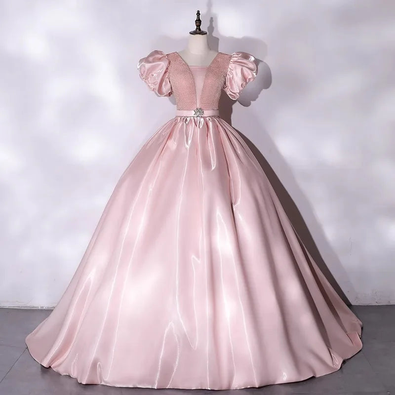 Princess Sleeve Satin & Mesh Evening Gown