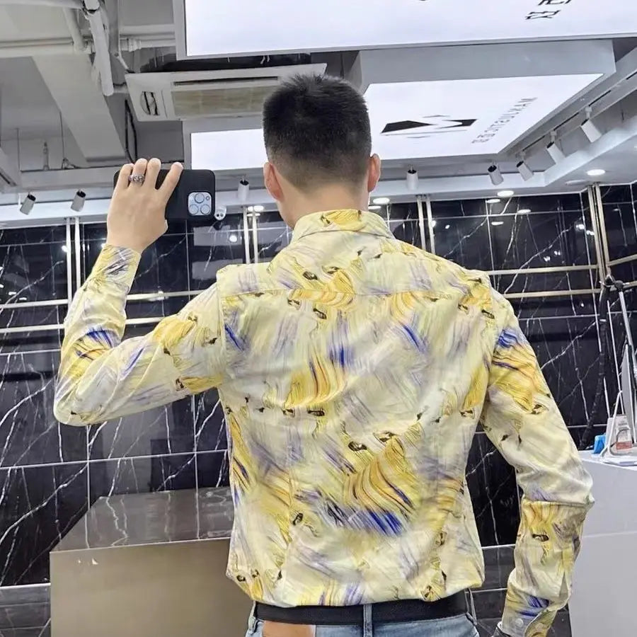 M&T Wear - Spring and Autumn High-end Long-sleeved Men's Fancy Shirt Micro-Stretched Slim Personalized Fashion Printed Shirt - M&T Wear