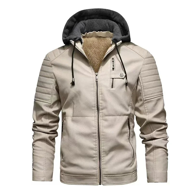 M&T Wear - Faux Leather Jacket Men Fashion Men's Hooded Jackets Autumn Winter Military Style Outwear Zipper Pockets Coat Detachable Hat - M&T Wear
