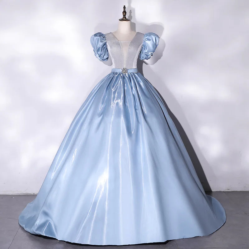 Princess Sleeve Satin & Mesh Evening Gown