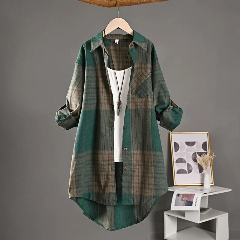 Elegant Checkered Cotton-Linen Blouse