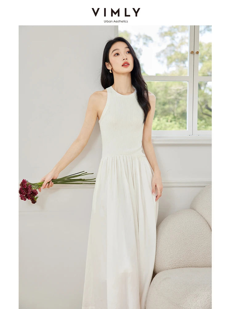 M&T Wear - VIMLY Women White Knit Vest Long Dresses Summer New Simple Elegant Sleeveless Waisted Temperament Party Evening A-Line Dress - M&T Wear