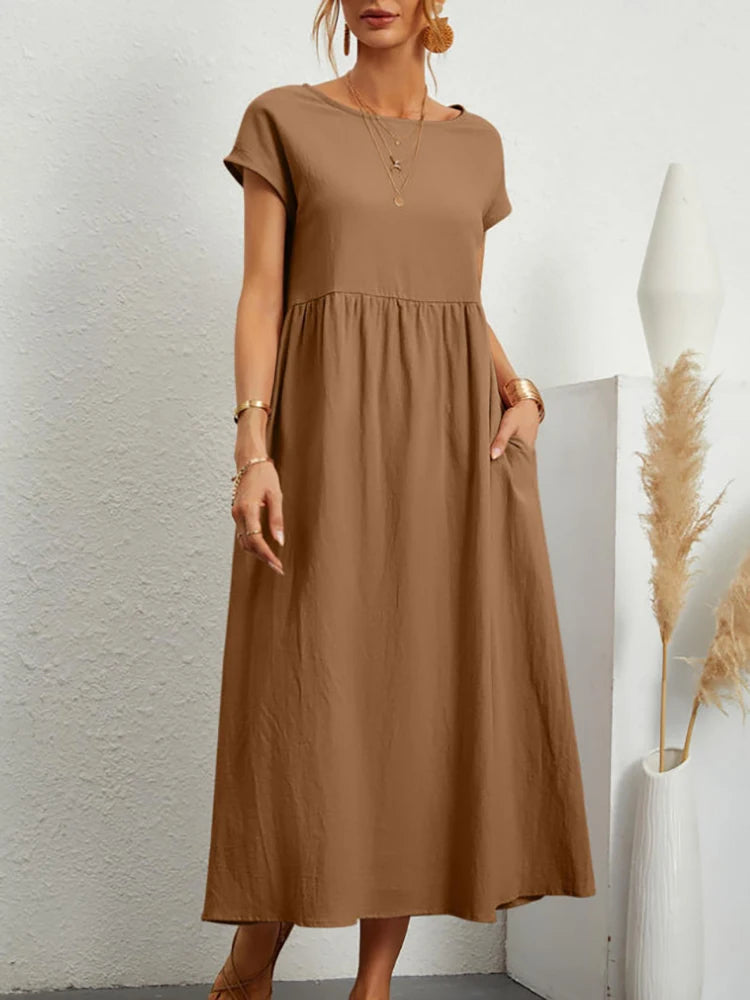 Elegant Solid Cotton-Linen Maxi Dress