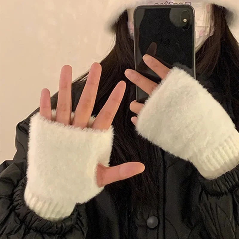 M&T Wear - Soft Winter Half Finger Gloves Women Warm Luxury Solid White Plush Knitted Fingerless Gloves Wrist Mittens Writting - M&T Wear