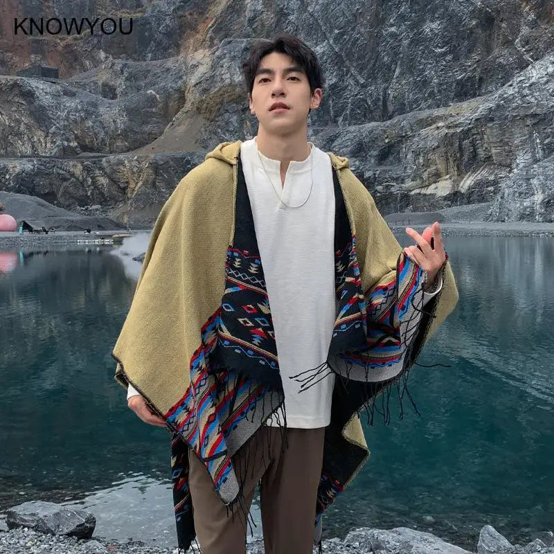 M&T Wear - Winter New Bohemian Shawl Men Ponchos Cashmere Blend Cape Coat Fringe Poncho Vintage Tassel Scarf Hooded Wraps Outwear - M&T Wear