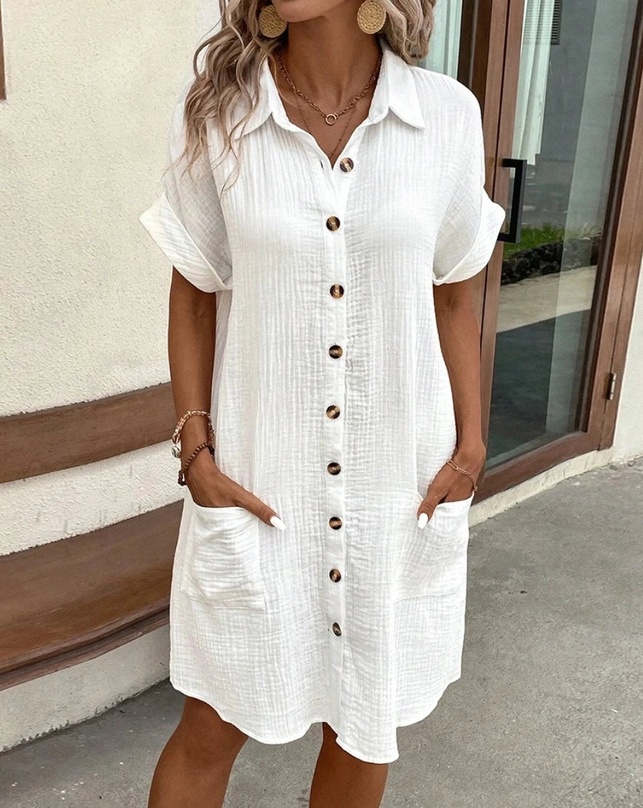 Vintage Solid Cotton-Linen Look Dress
