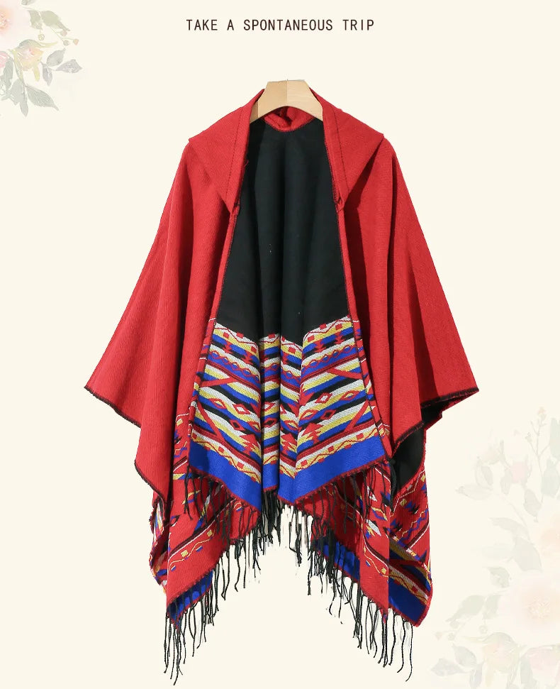 M&T Wear - Winter New Bohemian Shawl Men Ponchos Cashmere Blend Cape Coat Fringe Poncho Vintage Tassel Scarf Hooded Wraps Outwear - M&T Wear