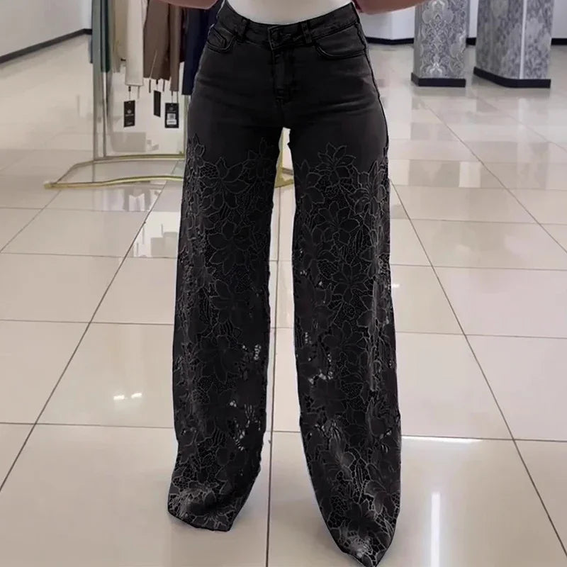 High-Waist Lace Splicing Ankle Jeans