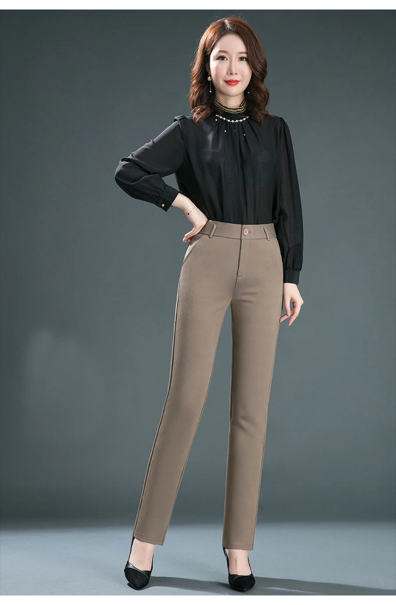 High-Waist Stretch Straight-Leg Casual Trousers