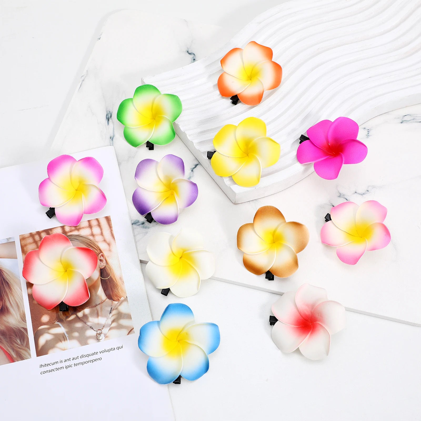 M&T Wear - 12pcs Hawaiian Plumeria Flower Hair Clips Set