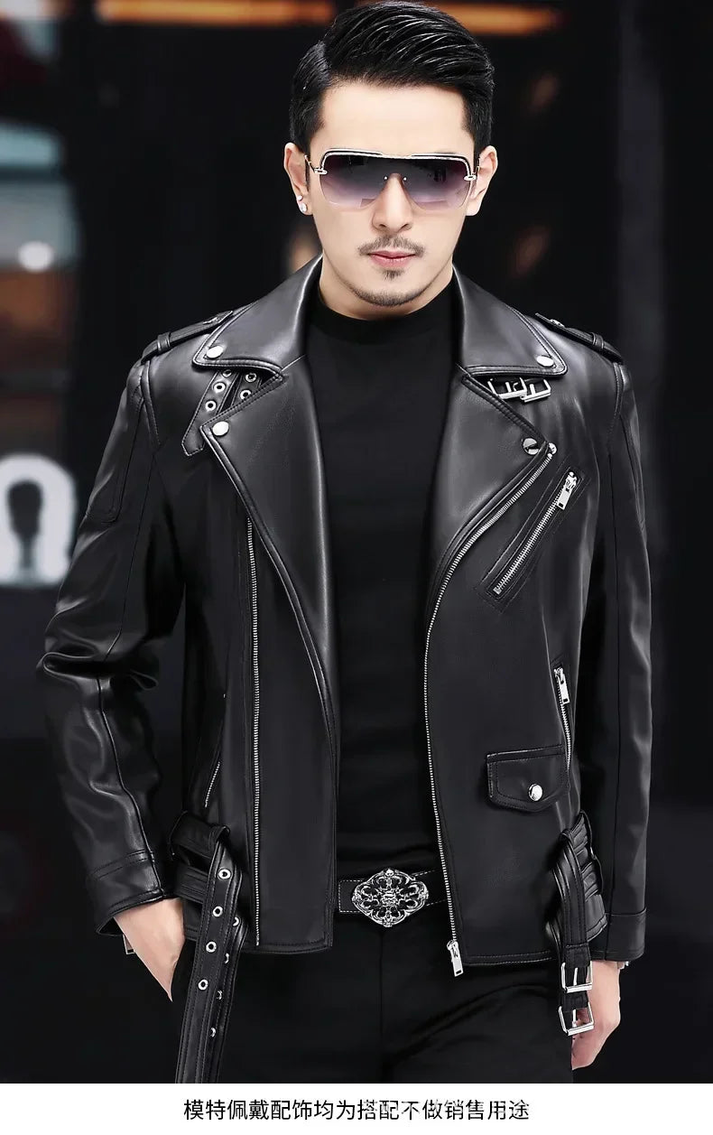 M&T Wear - Men Outdoor Sport Leather Jacket Motorcycle Cool Coat Jacket Men Lapel Leather Jackets Mens Fashion Clothing Real Leather Coat - M&T Wear
