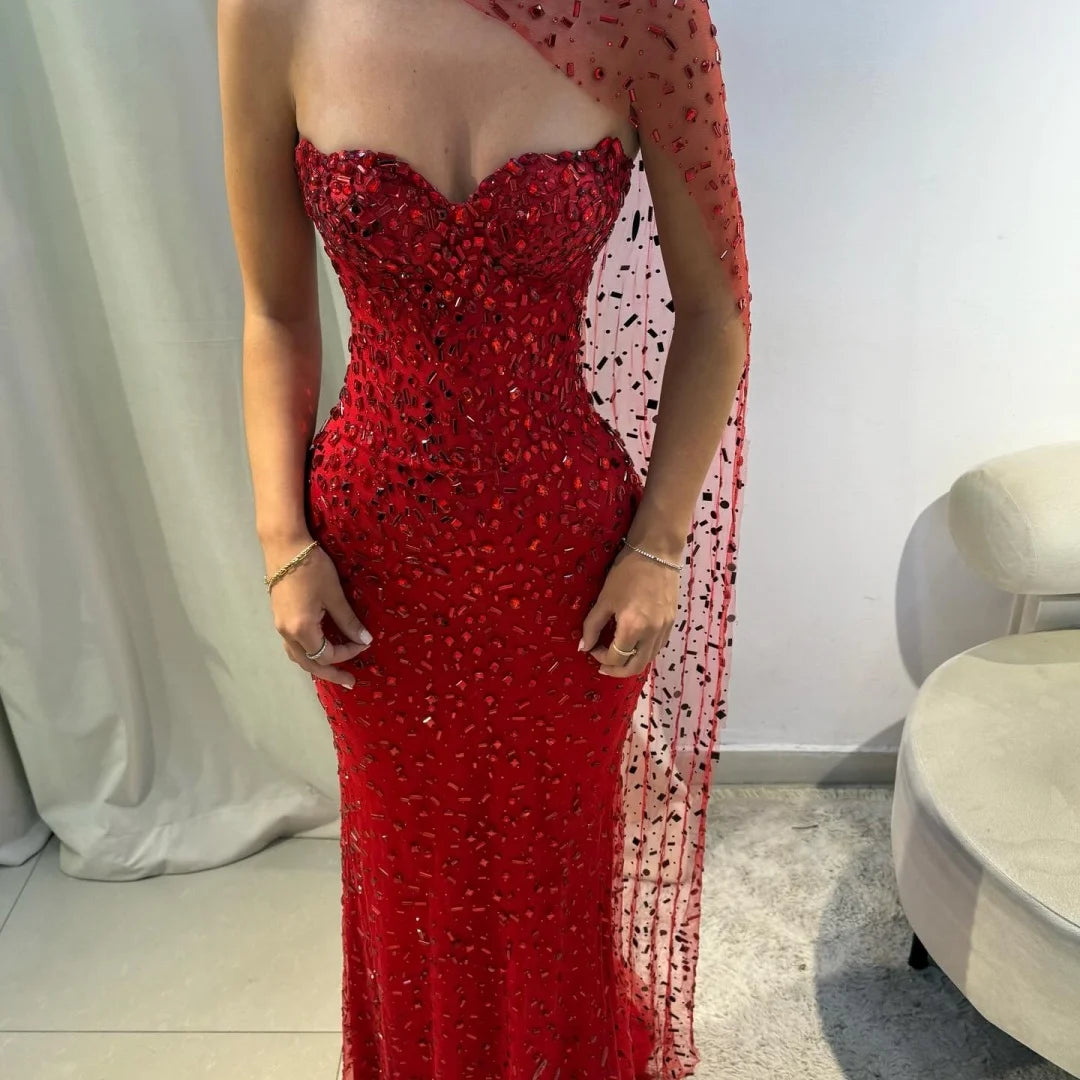 M&T Wear - Sansa Customized Red Mermaid Glitter Strapless Prom Dresses Floor - M&T Wear