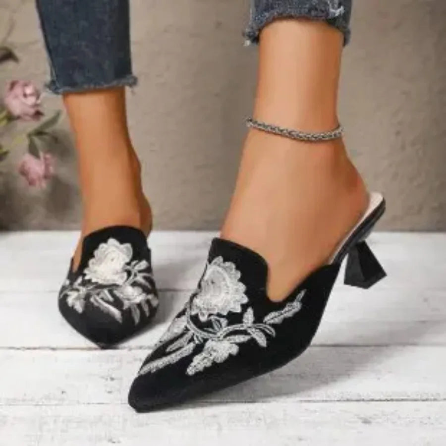 M&T Wear - Elegant Embroidered Square Toe High Heel Slides